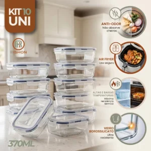 Kit 10 Potes de Vidro Herméticos Rishon 370ml Retangular