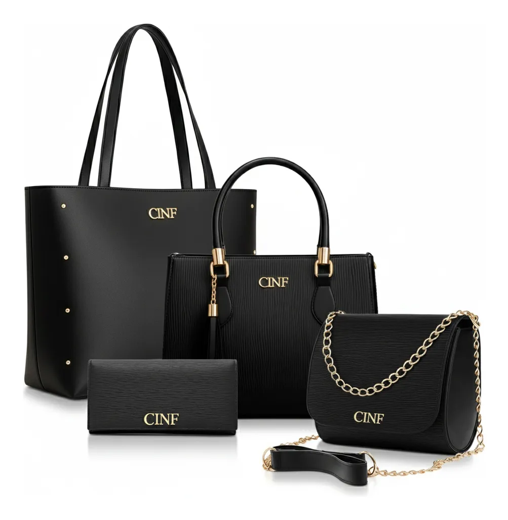 Kit Bolsas Femininas Cinf 4 Peças Preta: Sacola e Transversal