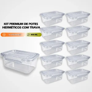 Kit 10 Potes para Marmita GetaPlast 800ml Retangulares Herméticos