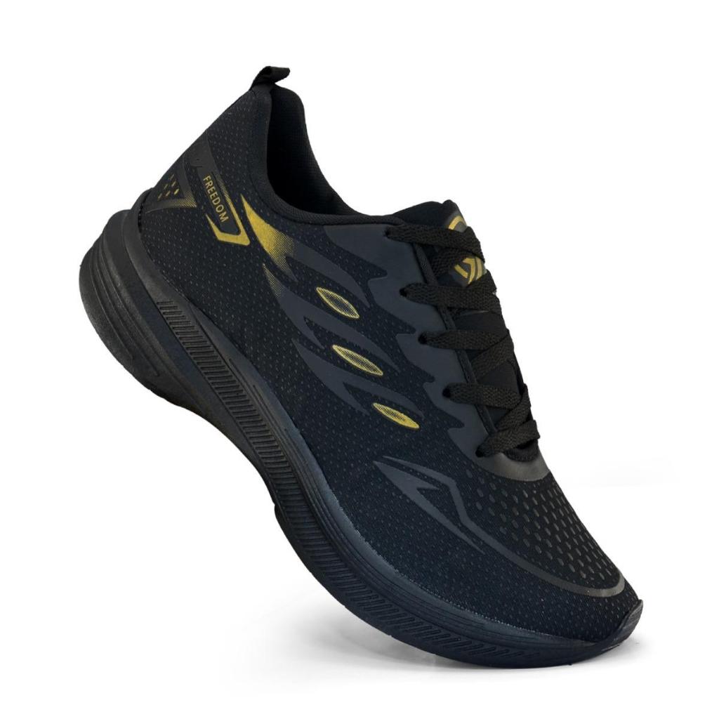 Tênis Masculino FREEDOM Preto Dourado Corrida Caminhada