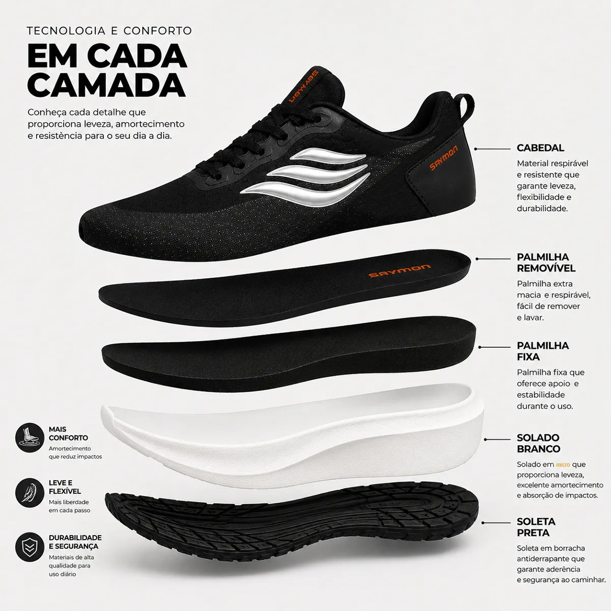Tênis Masculino Saymon Corrida Academia Caminhada Leve - Imagem 4