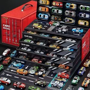 Kit 48 Carrinhos com Fricção de Lata Metálica Coloridos - Caixa Container que Vira Pista QUALIDADE